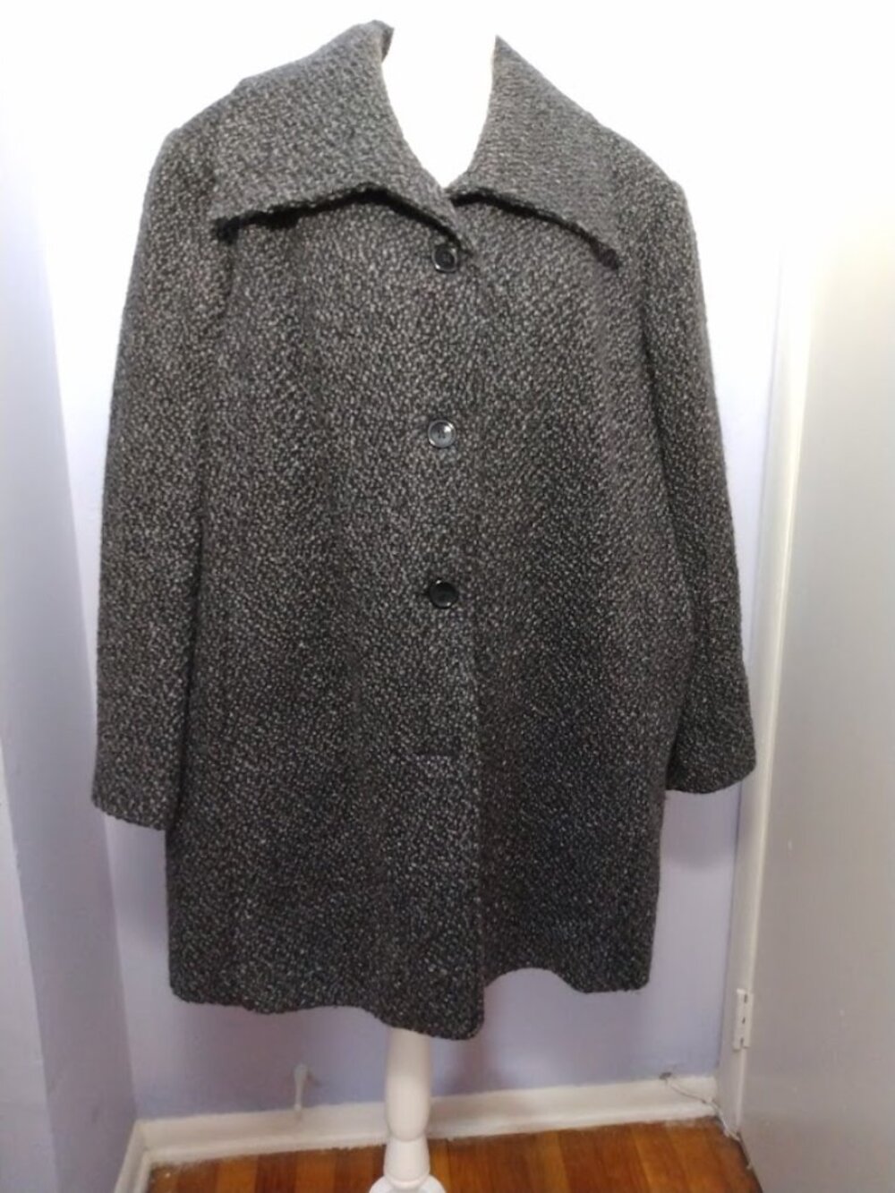 Vintage Avenue Wool Blend Coat Boucle Tweed Size 3X Mid Length Gray & Black - Picture 2 of 12